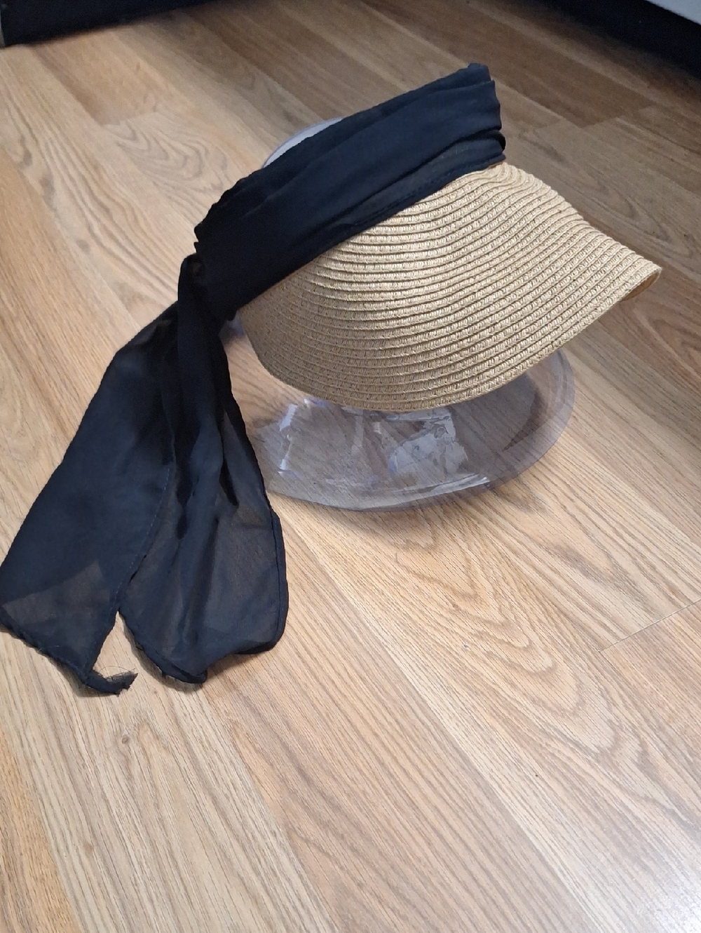 Vince Camuto Tan Straw Visor with Black Scarf Tie